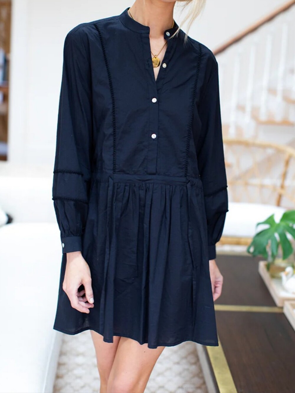 Emerson Fry India Preppy Tunic Shirt Dress Sz L Black Lightweight Organic Cotton